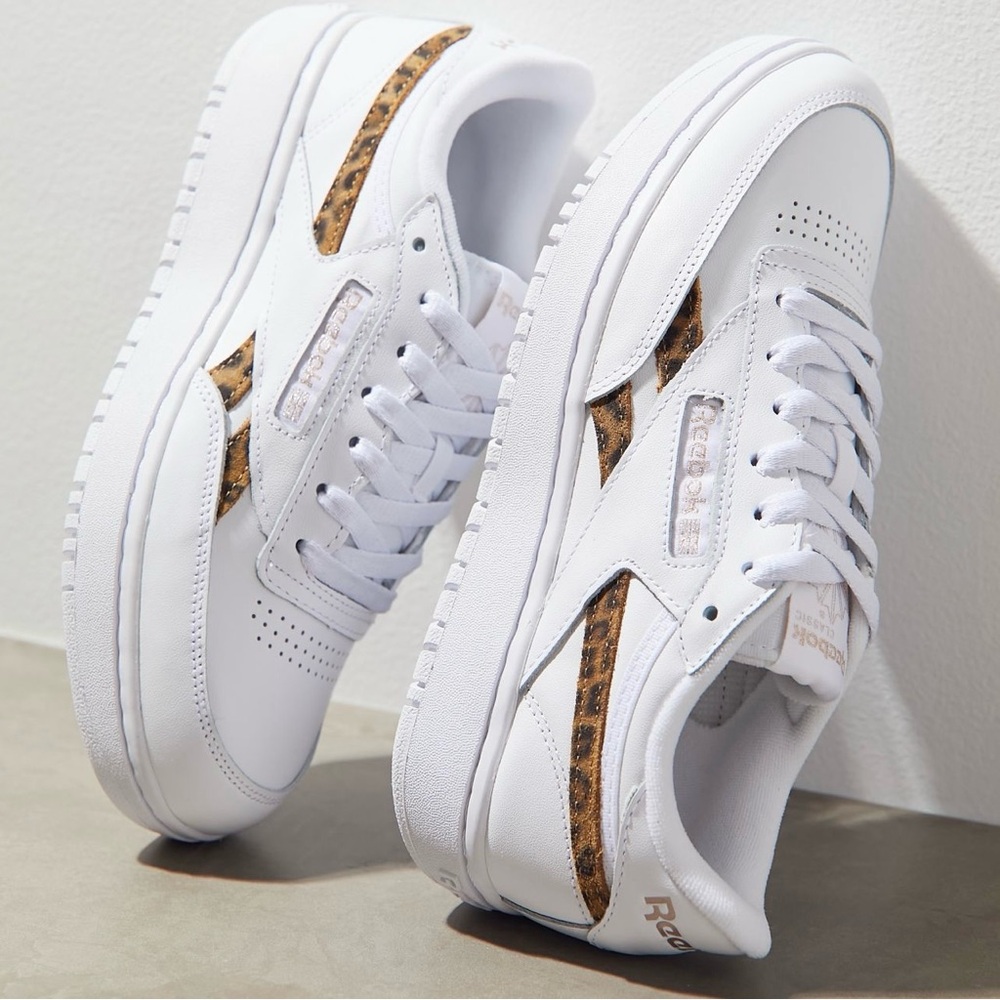 Reebok Club C Double Geo Women's Sneakers Size 6.5 White Leather Leopard Cheetah